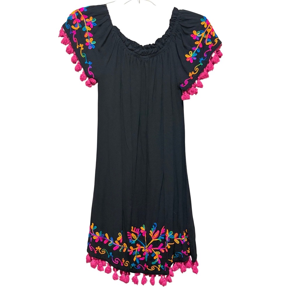 South Main Black Embroidered Floral Tassel Mini Dress Boho Off Shoulder Small
